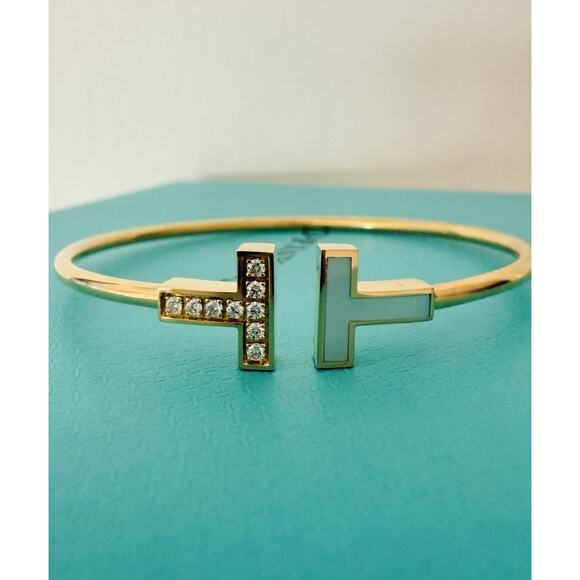 Auth Tiffany & Co. 18k Gold Diamond & Mother Pearl T Square Wire Cuff Bracelet - Picture 5 of 8